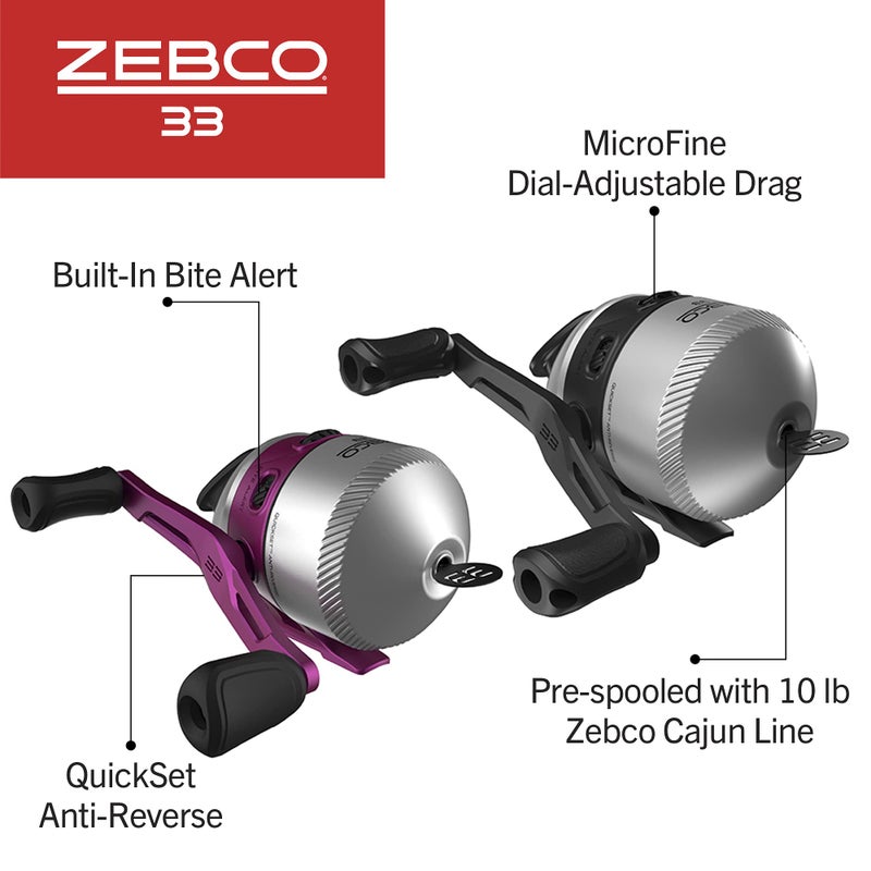 Zebco 33 Spincast Reel and Fishing Rod Combos (2-Pack), 5-Foot 6-Inch 2-Piece Fiberglass Rods with EVA Handle, Quickset Anti-Reverse Fishing Reels with Bite Alert, 1-Pink, 1-Black - Image 4
